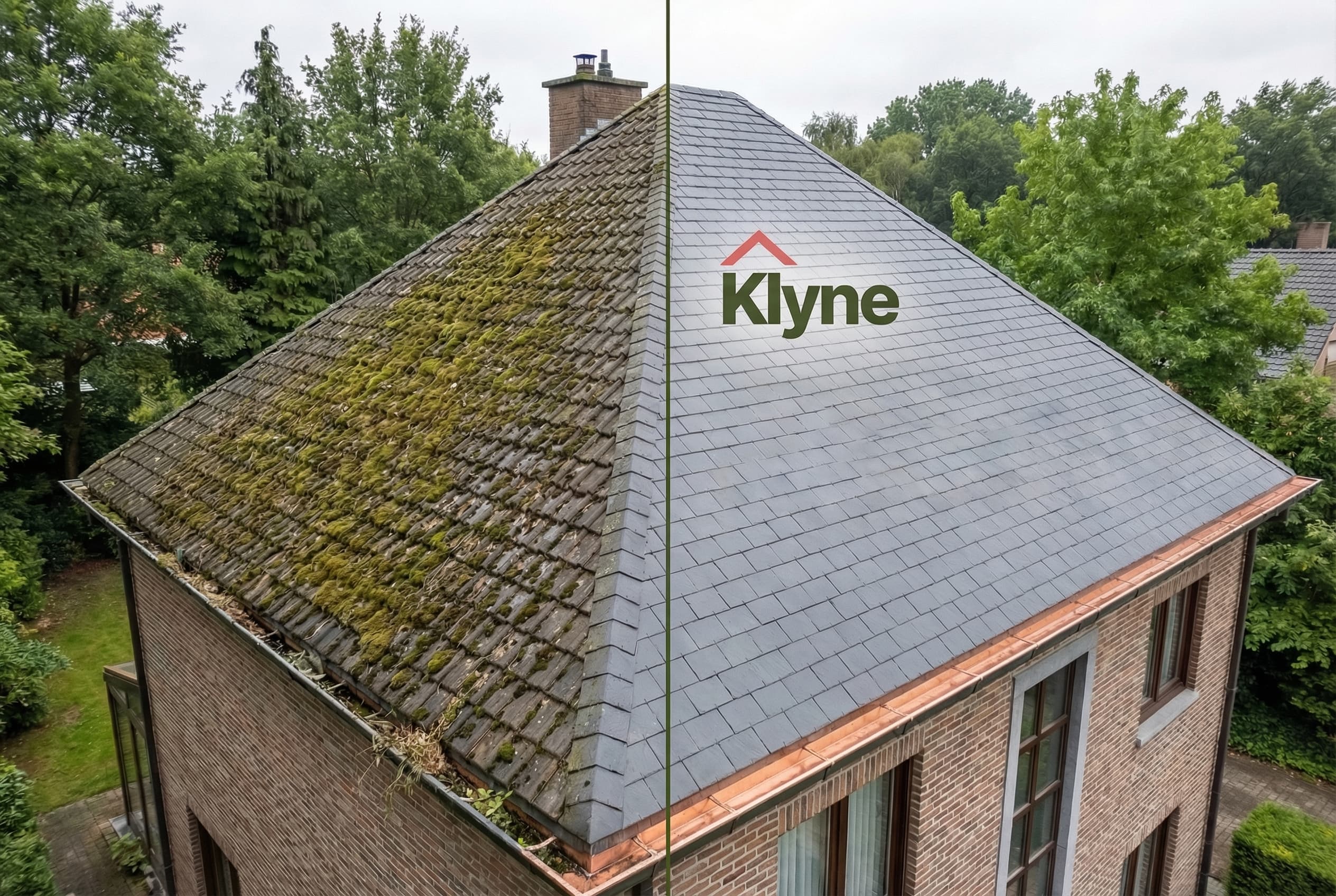Vue avant après d'une toiture en ardoises partiellement nettoyée avec contraste visible à Bruxelles