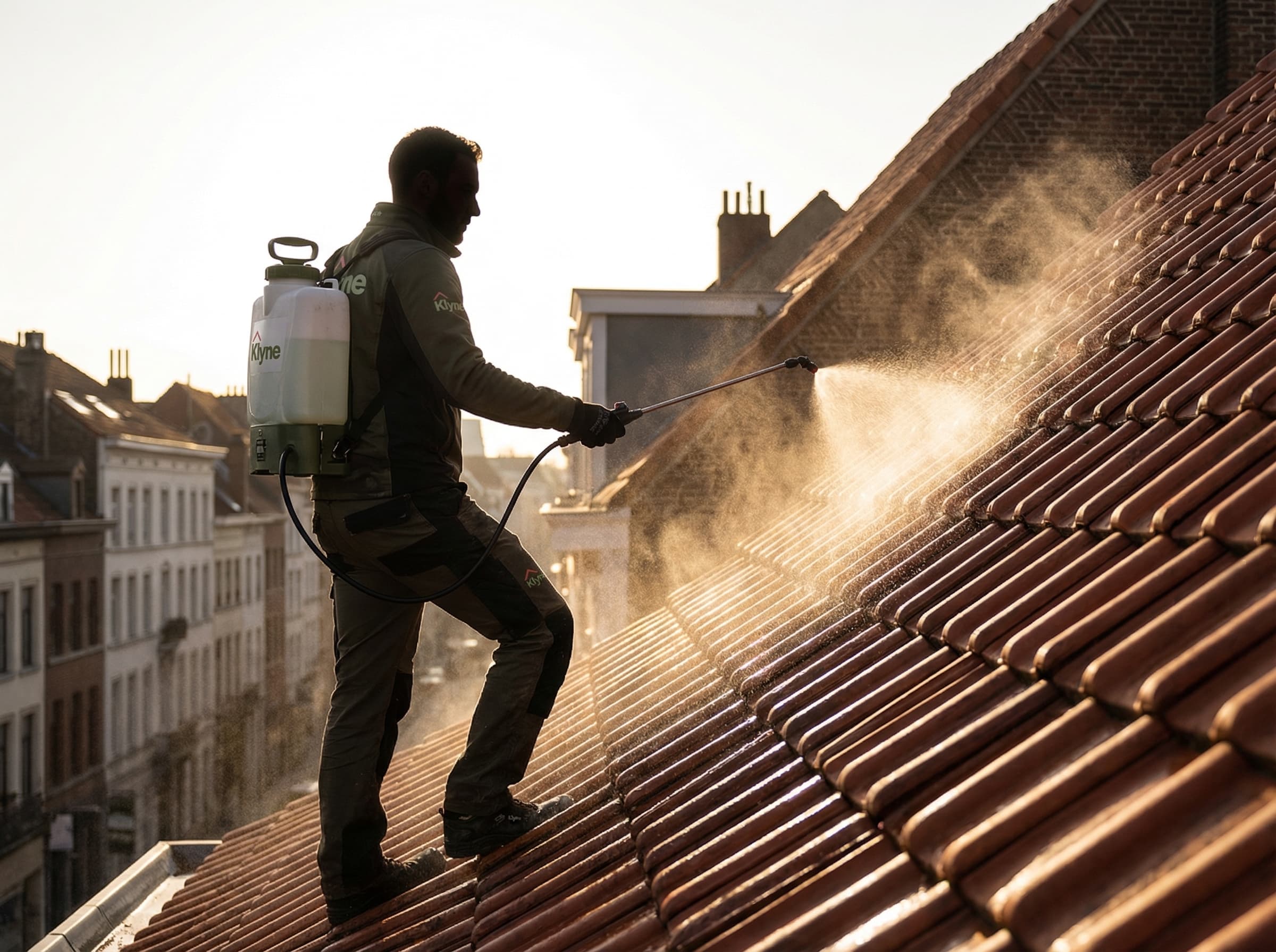 Technicien Klyne appliquant un traitement hydrofuge sur des tuiles nettoyées à Bruxelles