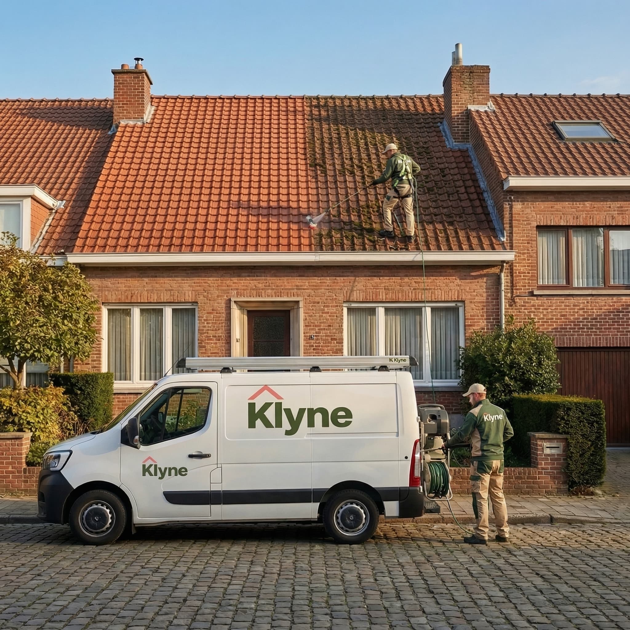 Camionnette Klyne et technicien sur toiture en Belgique