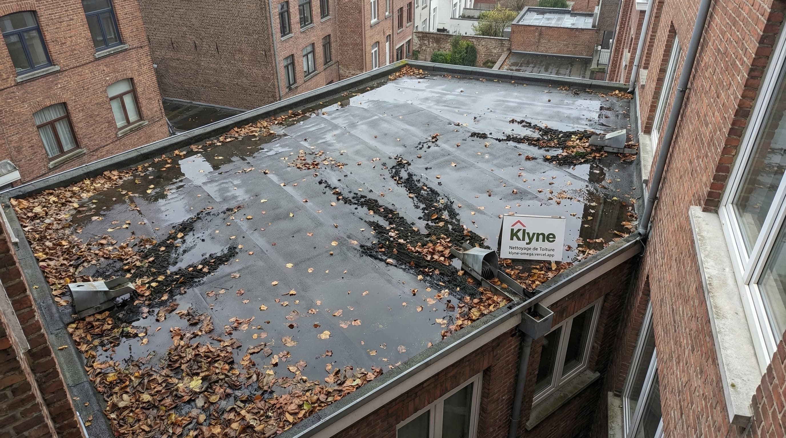 Toit plat urbain avec feuilles humides, dépôts sombres et évacuation visible à Bruxelles