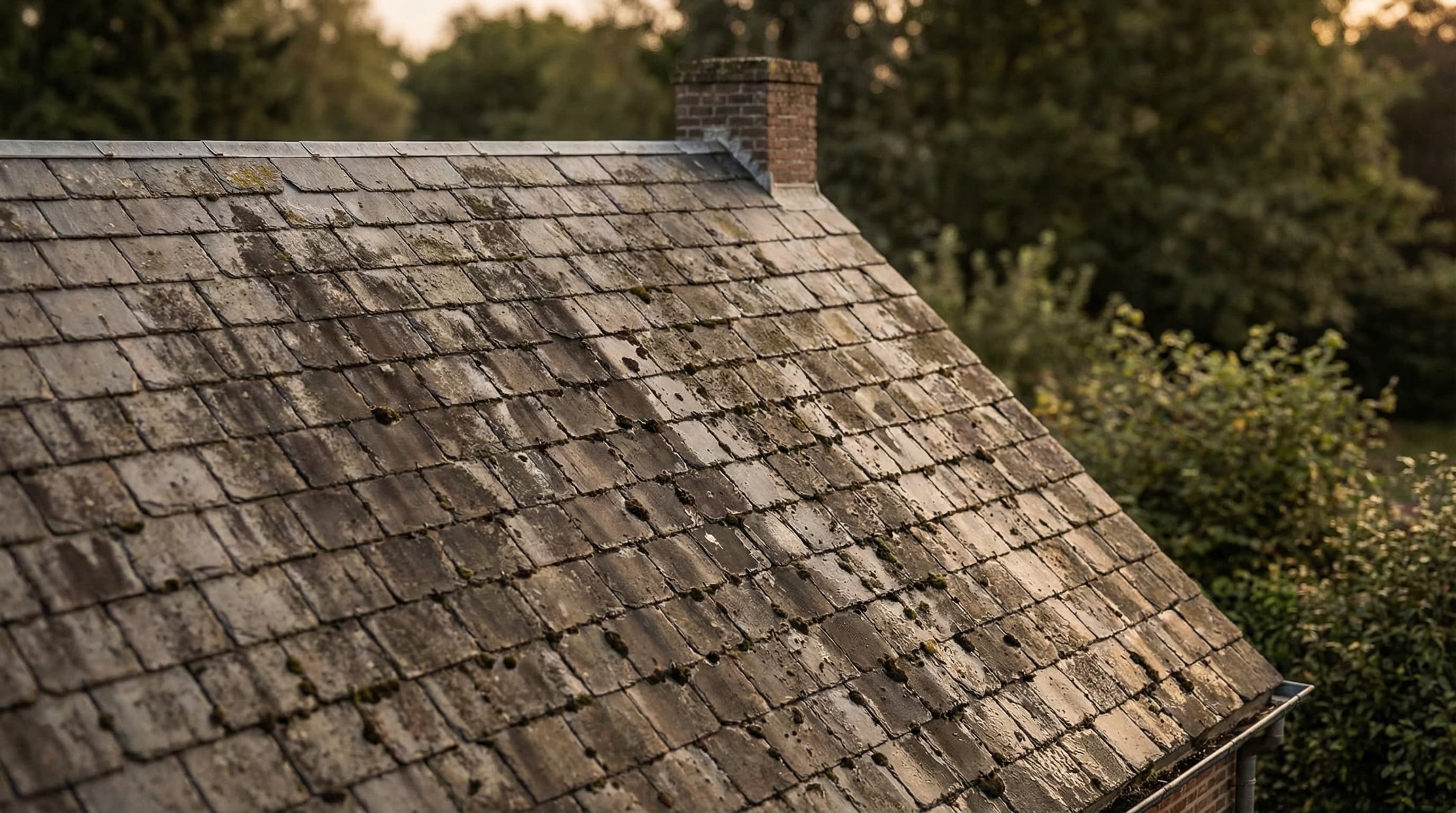 Toiture en ardoise sur maison ancienne avec salissures foncées et humidité résiduelle à Bruxelles